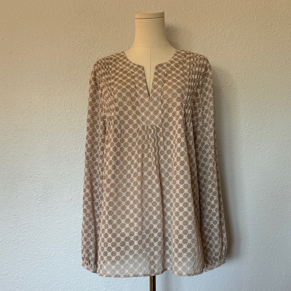 Etcetera Beige Patterned Long Sleeve Peasant Blou… - image 2